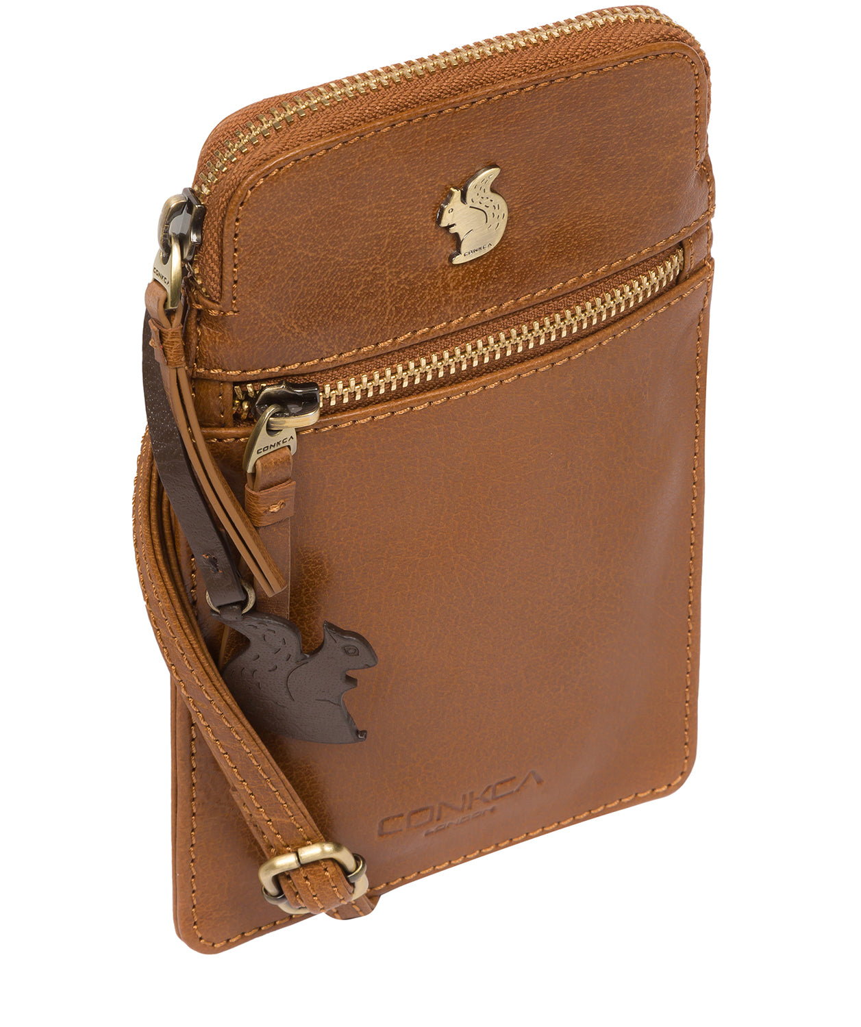 Conkca London Originals Collection Bags: 'Bambino' Dark Tan Leather Cross Body Phone Bag