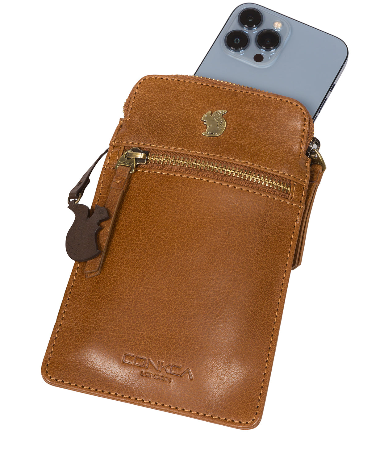 Conkca London Originals Collection Bags: 'Bambino' Dark Tan Leather Cross Body Phone Bag