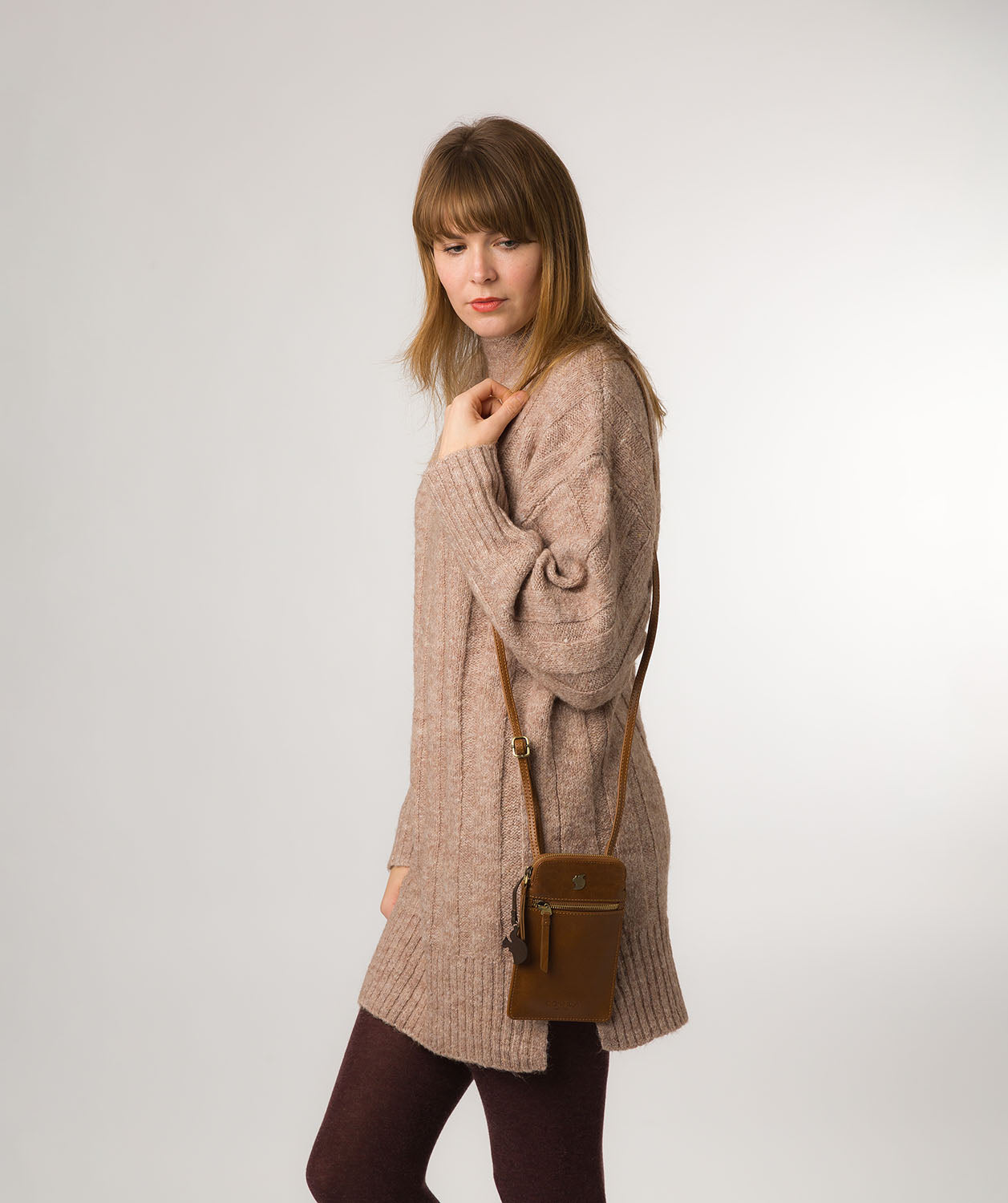 Conkca London Originals Collection Bags: 'Bambino' Dark Tan Leather Cross Body Phone Bag