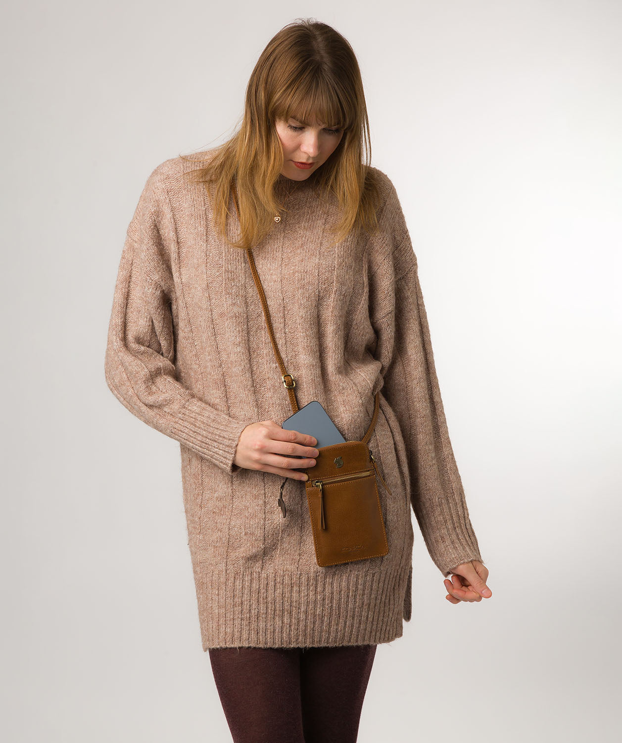 Conkca London Originals Collection Bags: 'Bambino' Dark Tan Leather Cross Body Phone Bag