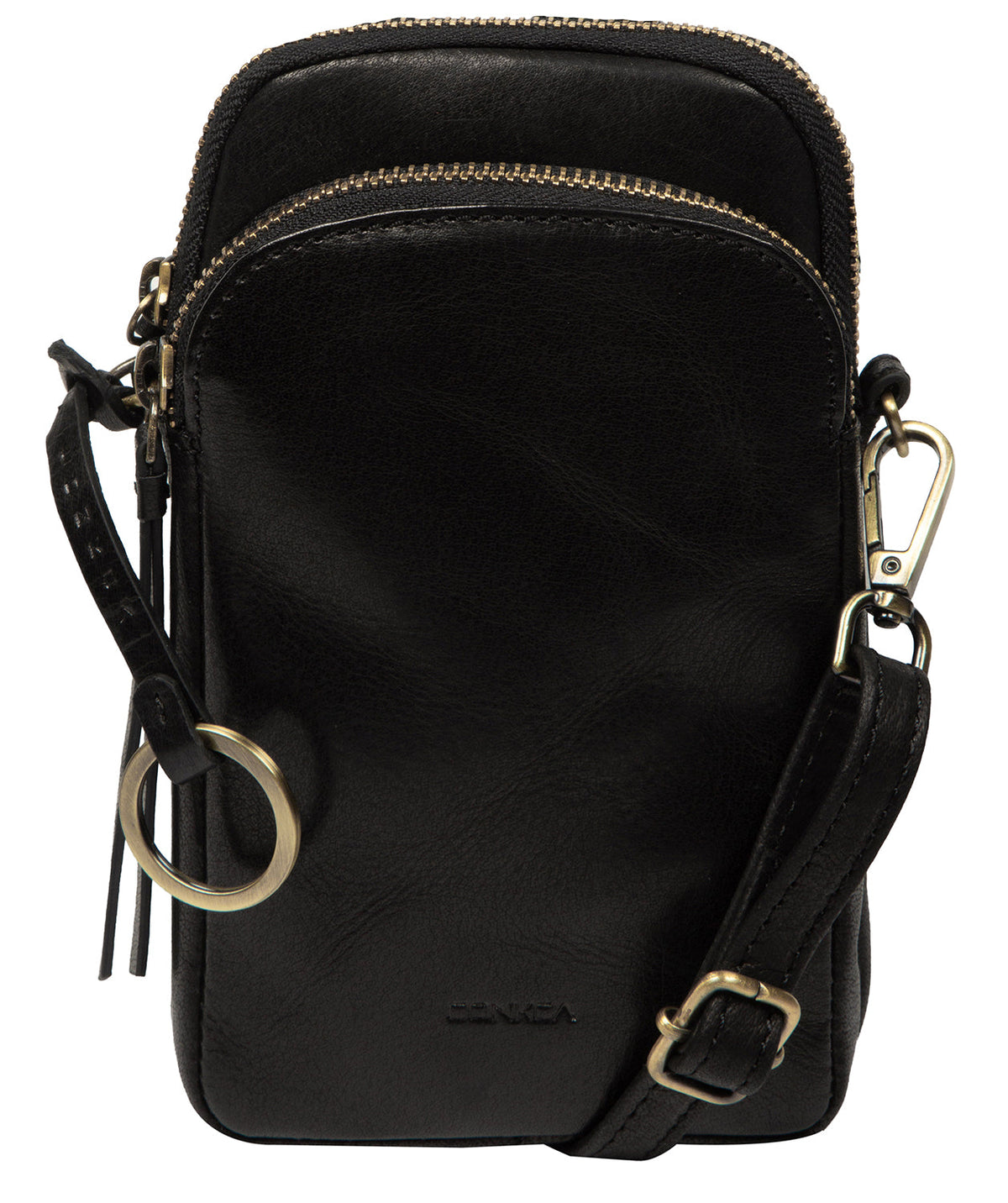 Black leather crossbody bag three-quarter angle showing strap