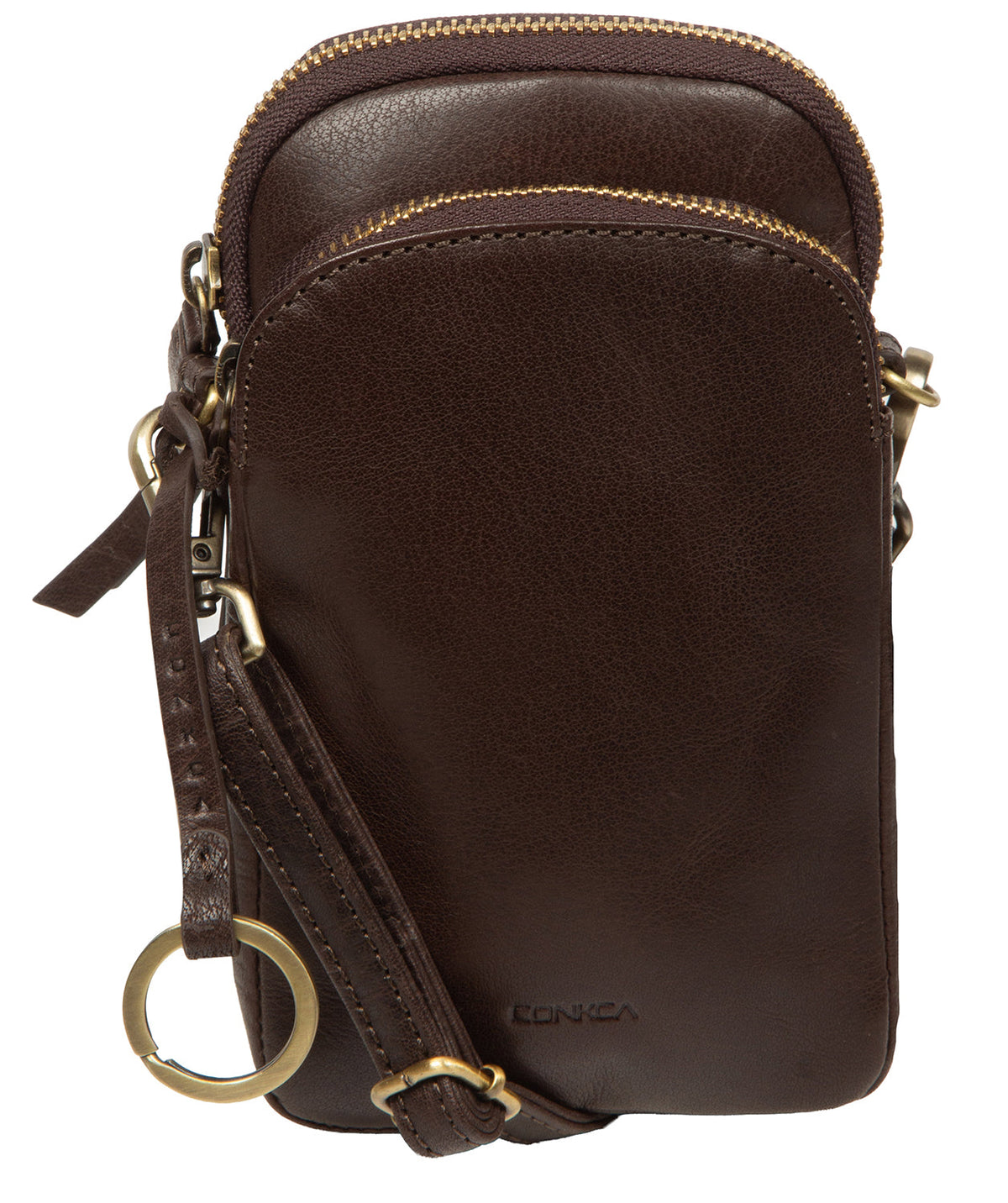 Conkca London Raven cocoa leather crossbody phone bag front view