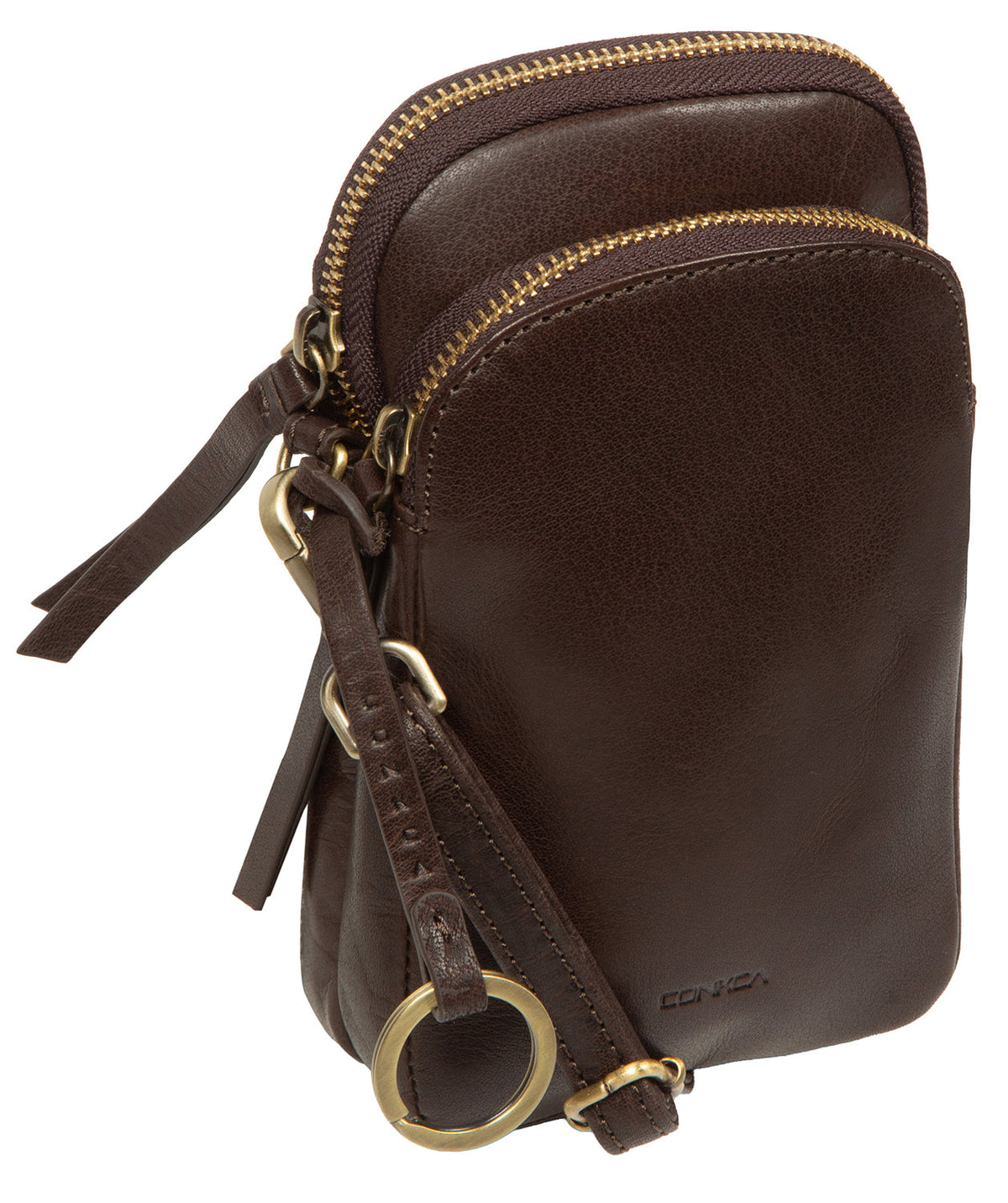 Embossed Conkca logo and minimalist charm detail