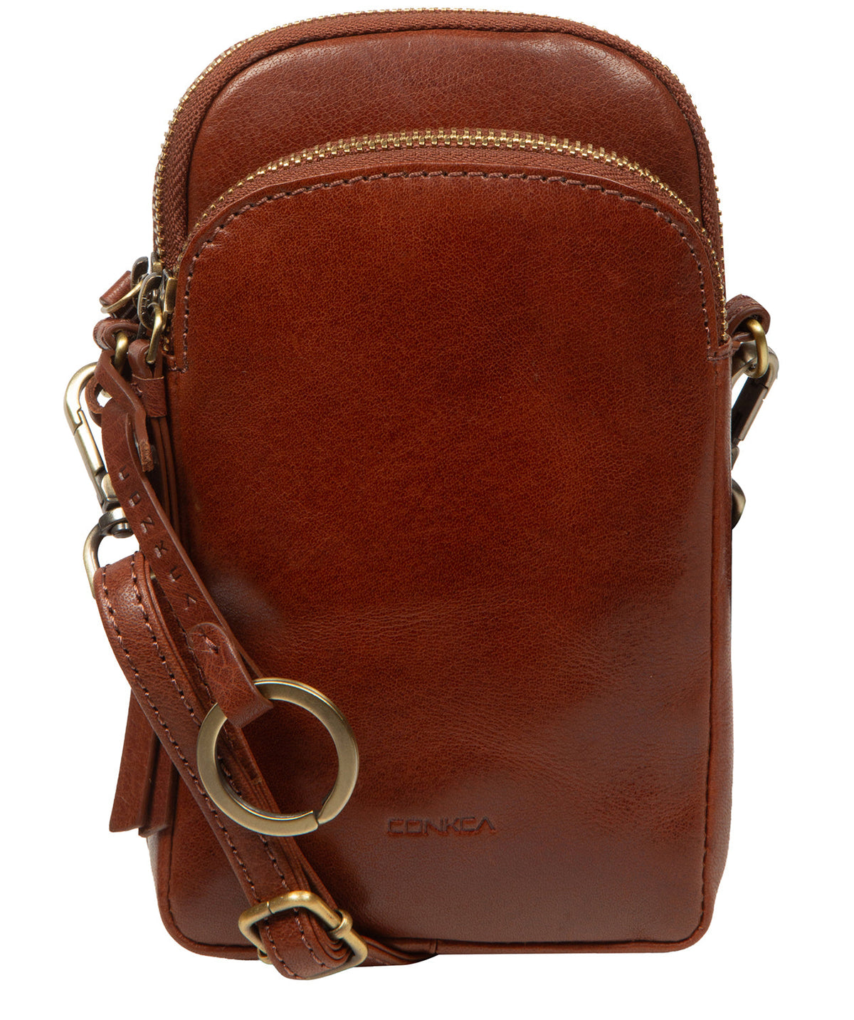 Conkca London Raven conker brown leather crossbody bag front view