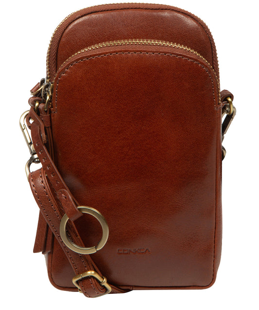 Conkca London Raven conker brown leather crossbody bag front view