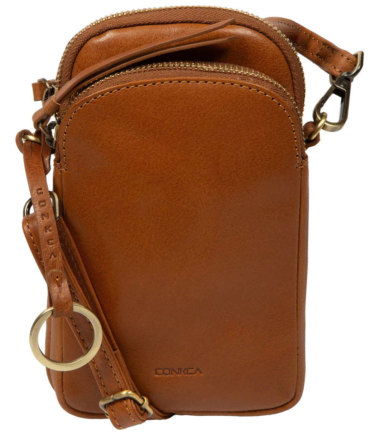 Conkca London Raven dark tan leather crossbody phone bag front view