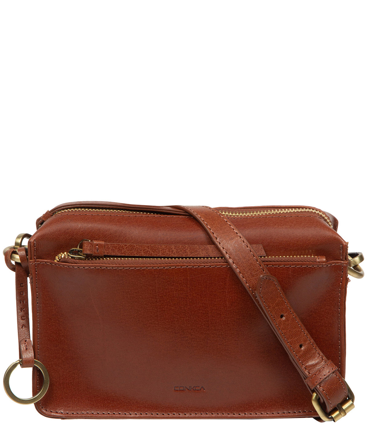 Conkca London Azalea Conker Brown leather crossbody bag front view