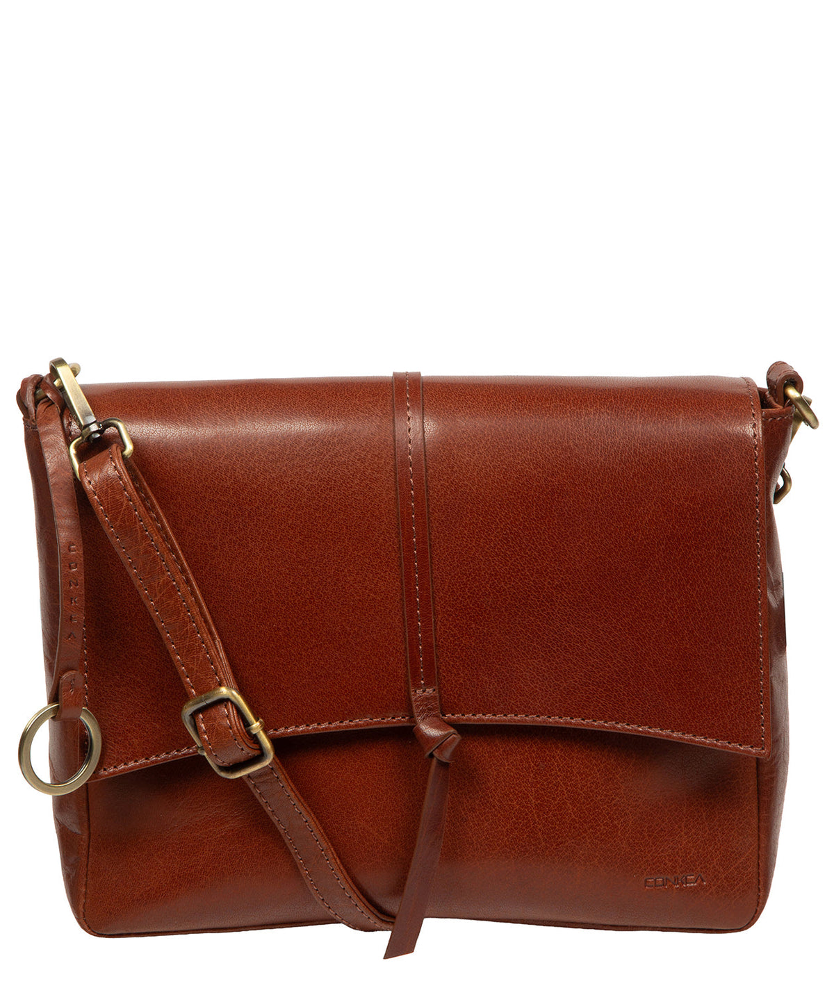 Conkca London Maya conker brown leather crossbody bag front view