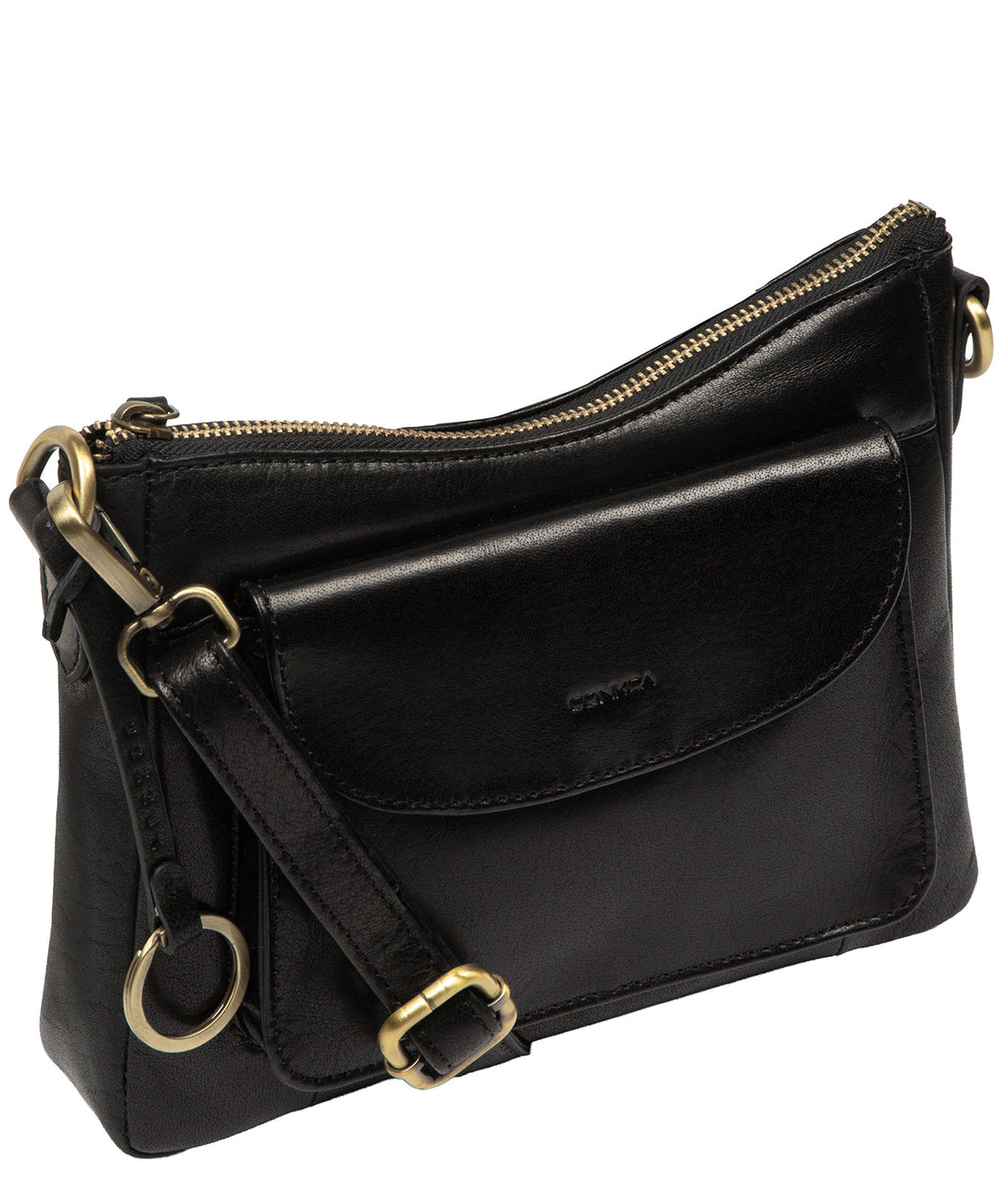 rear slip pocket and fold-over press-stud fastened pocket