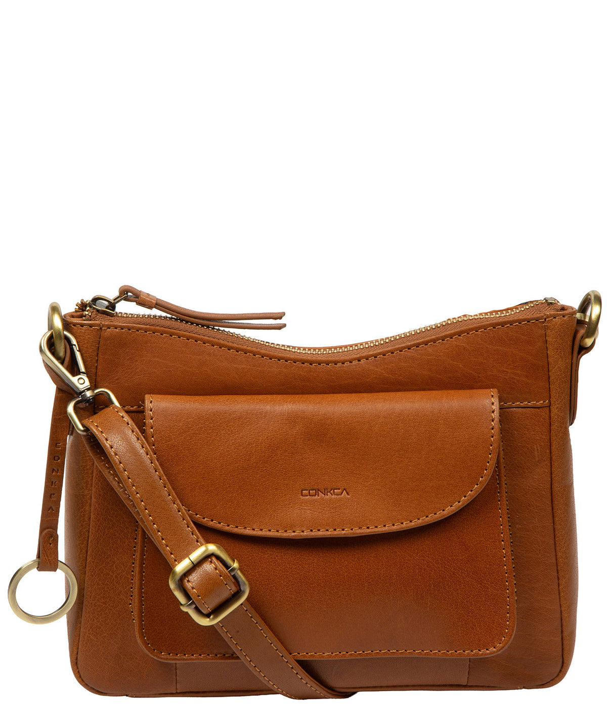 Misty crossbody bag side profile with brass hardware