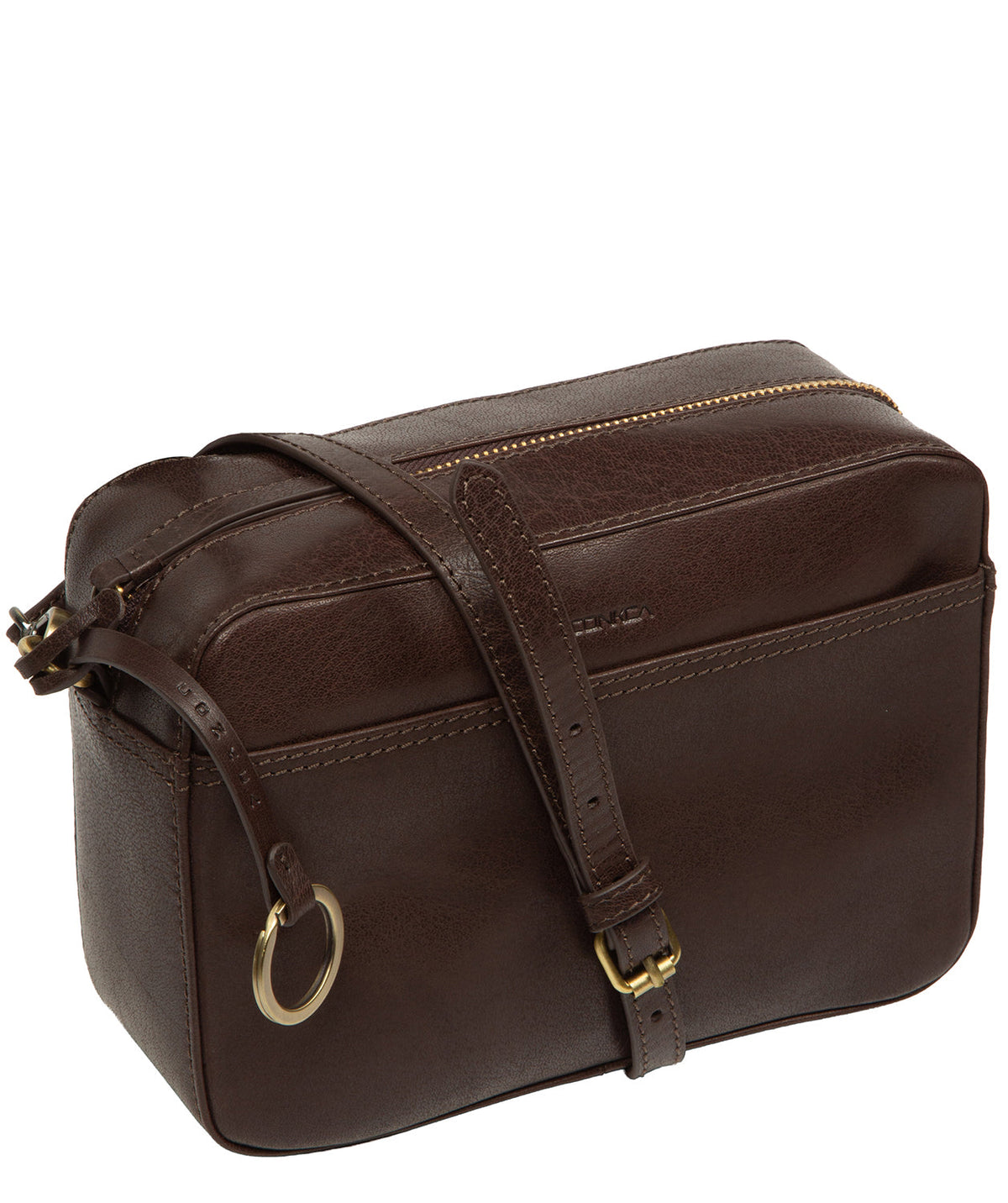 Detachable leather shoulder strap showing brass fittings