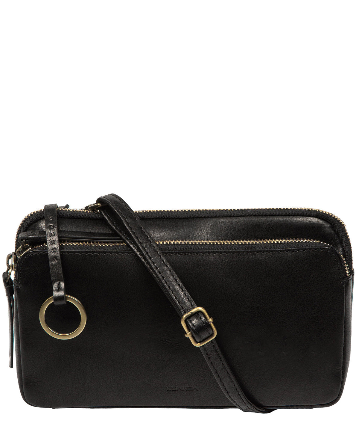 Conkca London Birdy black leather crossbody bag front view
