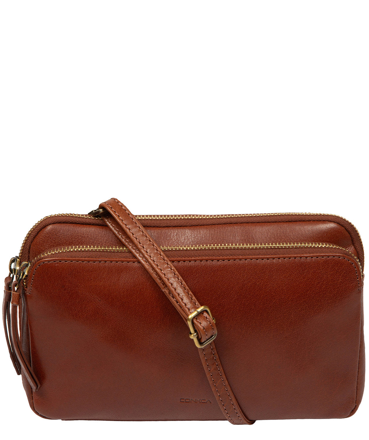 Conkca London Birdy conker brown leather crossbody bag front view