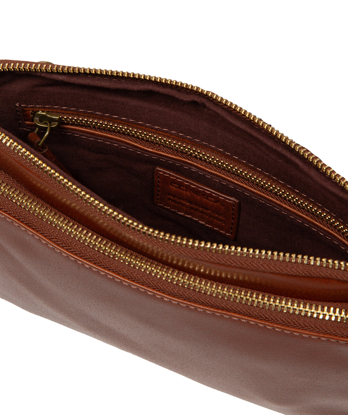 Exterior front zipped pocket and brass hardware detail