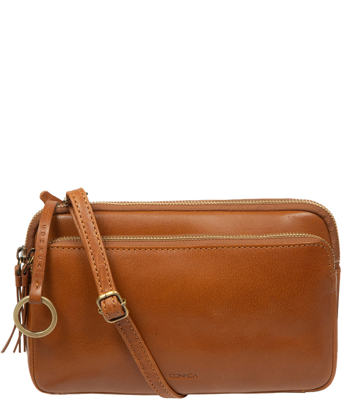 Conkca London Birdy dark tan leather crossbody bag front view
