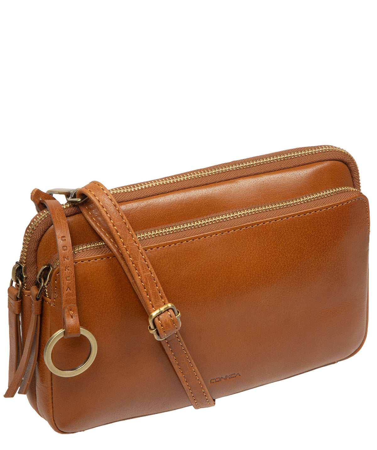 Adjustable detachable leather shoulder strap close-up