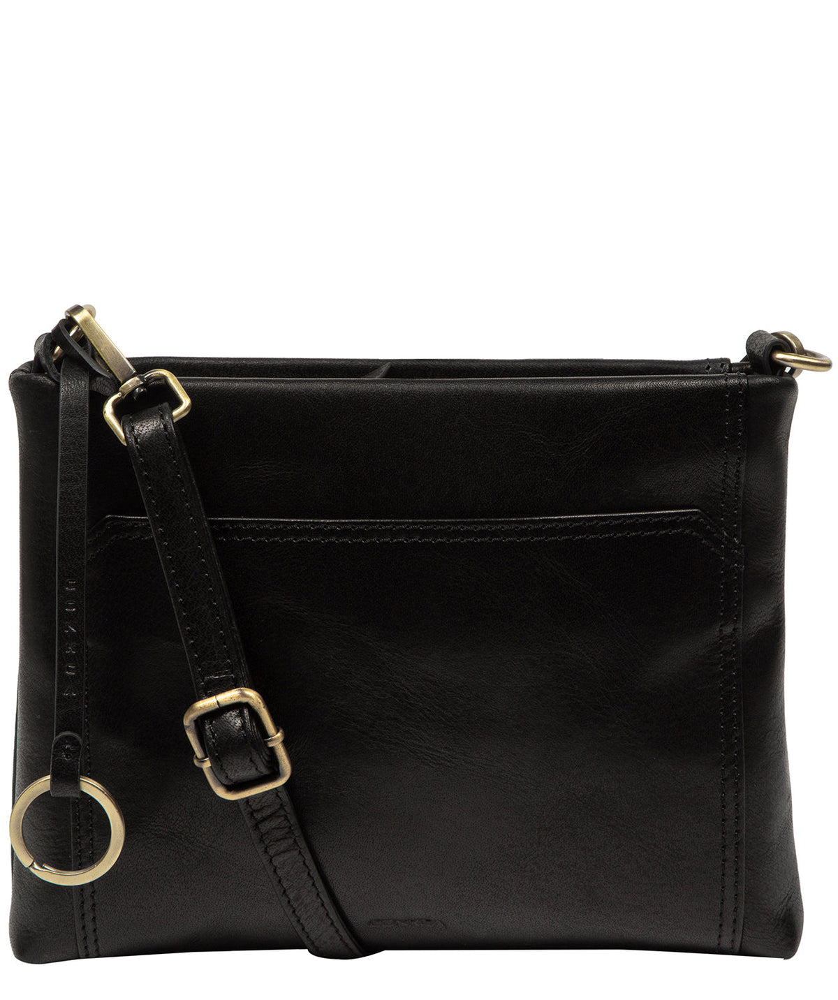 black leather crossbody bag side profile with adjustable strap