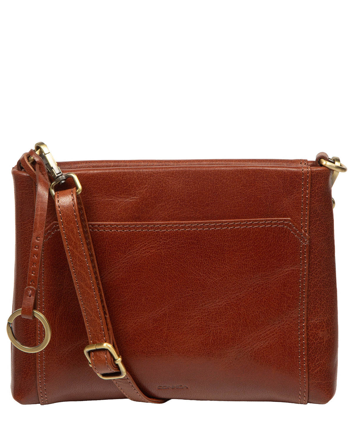 Yew crossbody bag showing adjustable leather shoulder strap