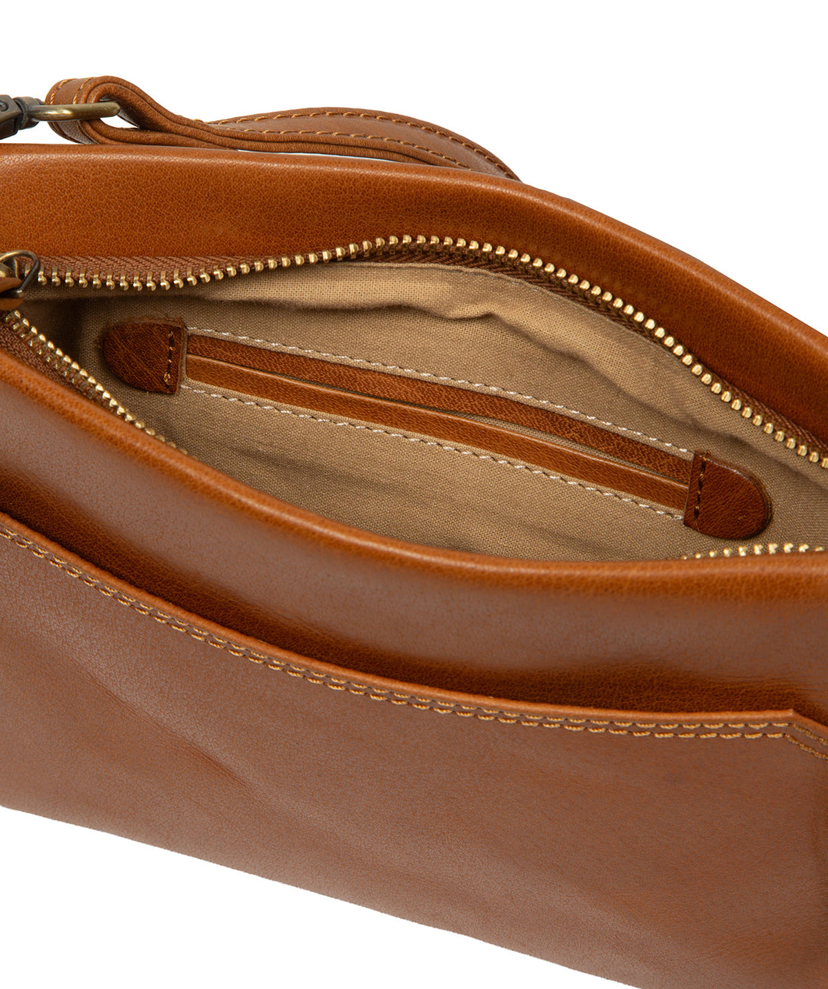 detachable leather shoulder strap with brass fittings detail