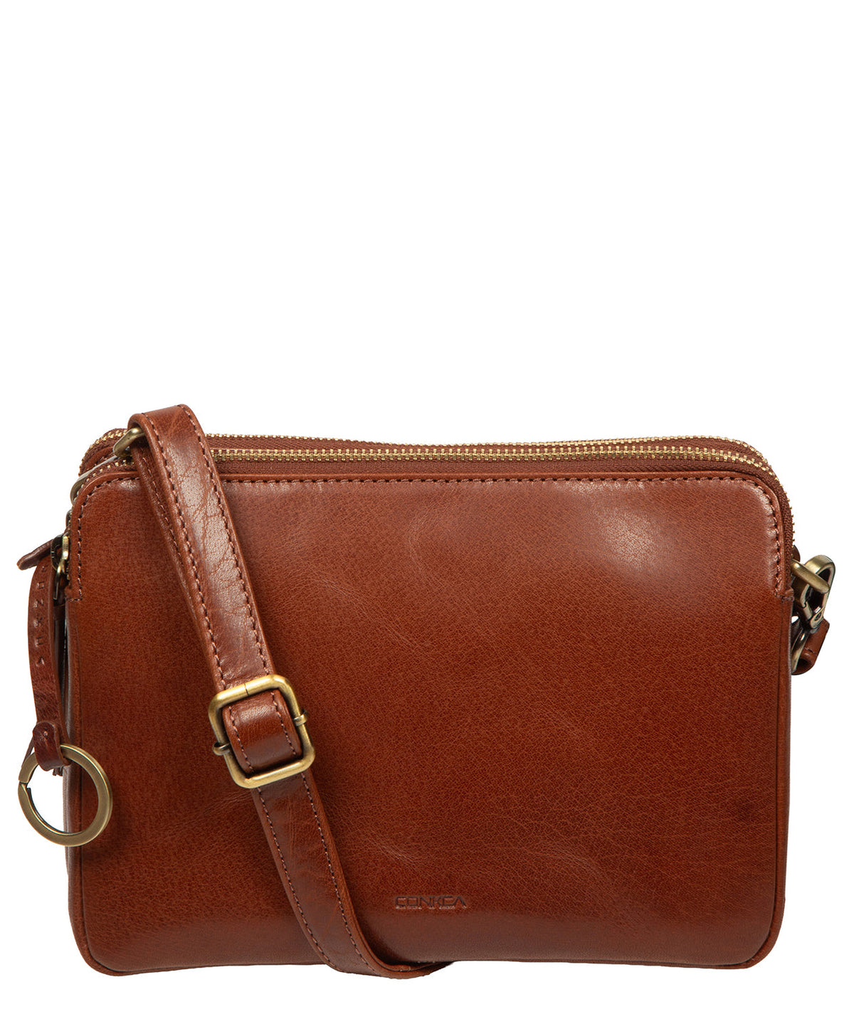 Conkca London Robin Conker Brown leather crossbody bag front view