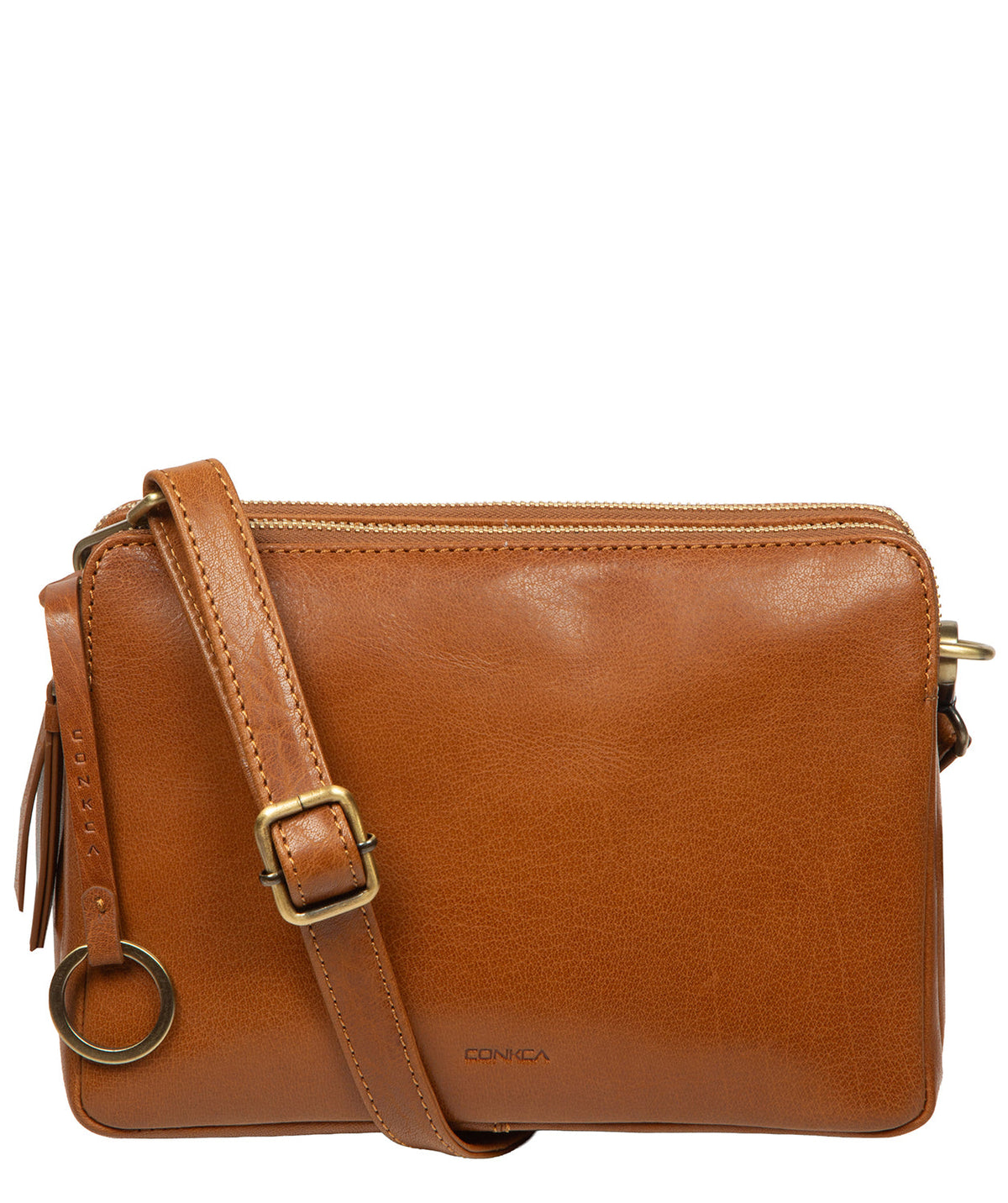 Conkca London Robin dark tan leather crossbody bag front view