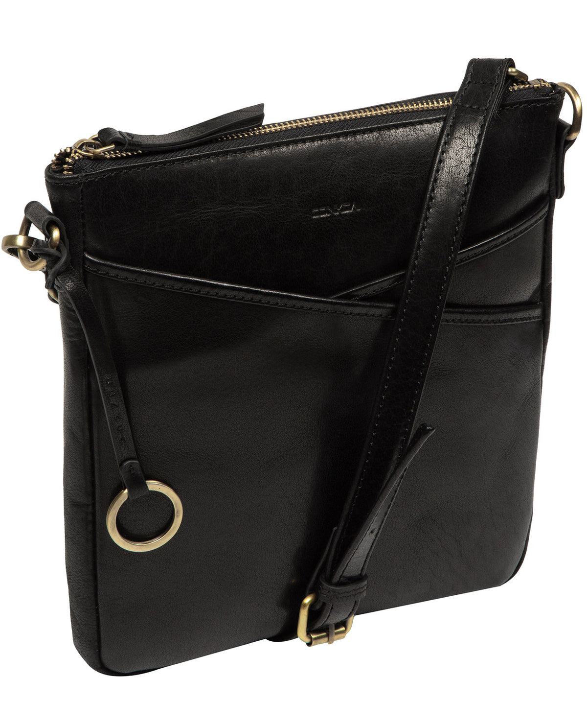 brass zip closure and hardware detail