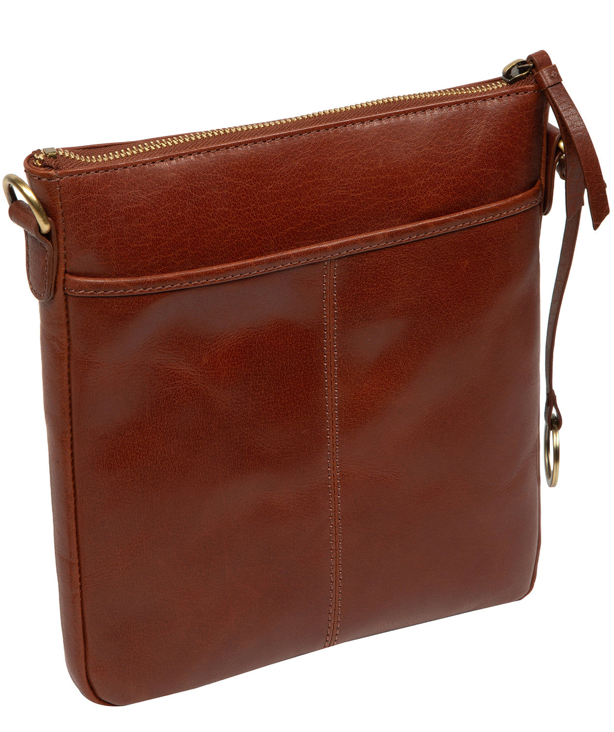 Front slip pockets detail on conker brown leather bag